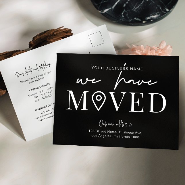 We've Moved Minimal Business Office Address Change Postcard (Minimalist black office change of address announcement postcards with your logo)