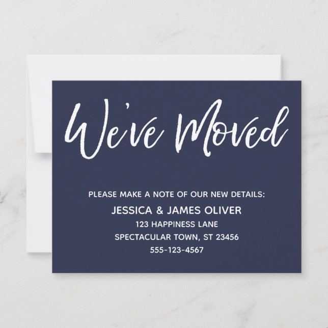 "We've Moved" Modern Handwriting Navy Blue Card (Front)