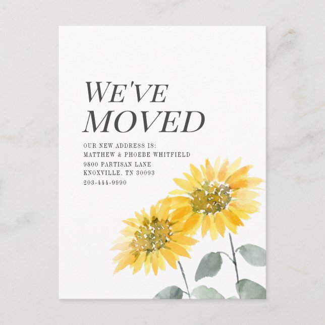 We've Moved Modern Watercoler Sunflower Moving Announcement Postcard (Front)
