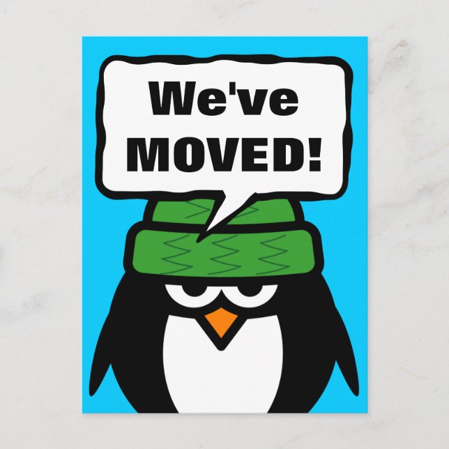 We've moved moving postcards with funny penguin (Front)