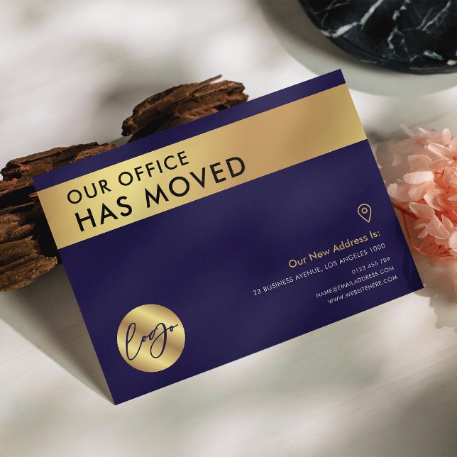We've Moved Navy & Gold Logo Office Address Change Postcard (Elegant navy blue and gold logo business address change announcement postcard)