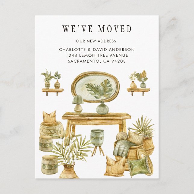 We've Moved New Address Boho Watercolor Moving Announcement Postcard (Front)