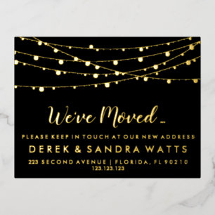 We've moved New address rustic christmas lights Foil Holiday Postcard