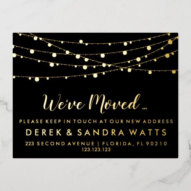 We've moved New address rustic christmas lights Foil Holiday Postcard (Front)