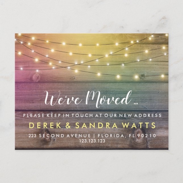 We've moved New address rustic lights design Announcement Postcard (Front)