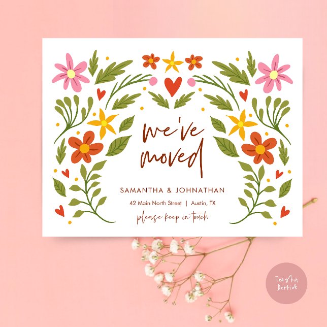 We've Moved, New Home Address Announcement  Postcard (We've Moved, New Home Address Announcement Postcard in Wild Flowers Beige Greenery theme)