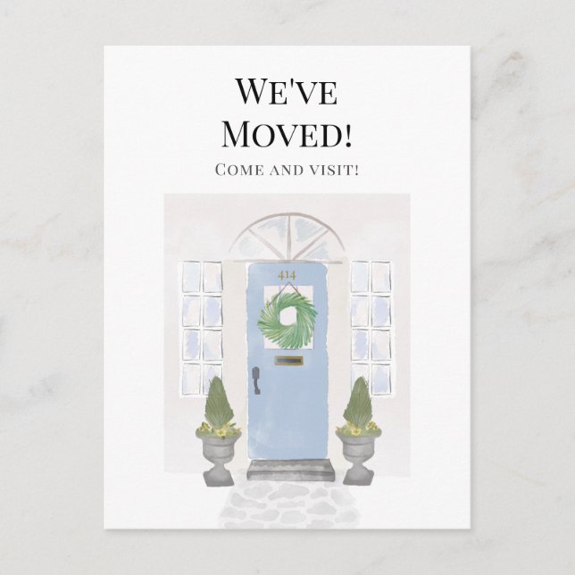We've Moved New Home Watercolor Blue Door Postcard (Front)