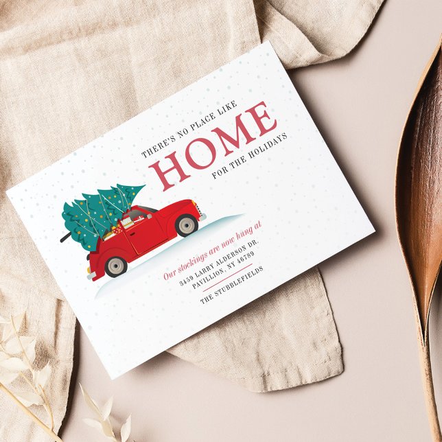 We've Moved No Place Like Home Holiday Moving Card (Watercolor Red Car Chrismtas Family Moving Announcement)