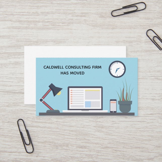 We've Moved Offices Cute Blue Desk Business Card (Front/Back In Situ)