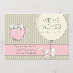 We've Moved Pink and Beige Bunnies with Flowers Announcement