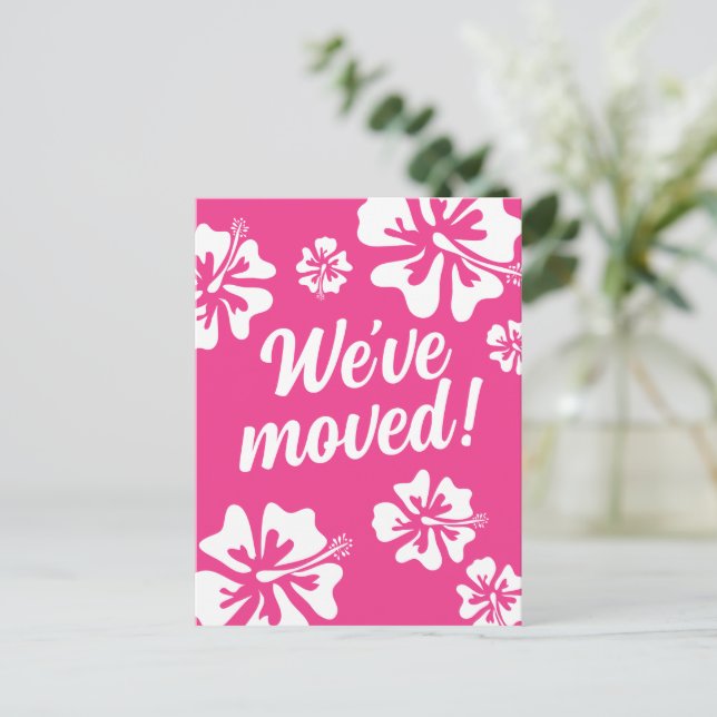 We've moved pink Hawaii flower moving postcard (Standing Front)