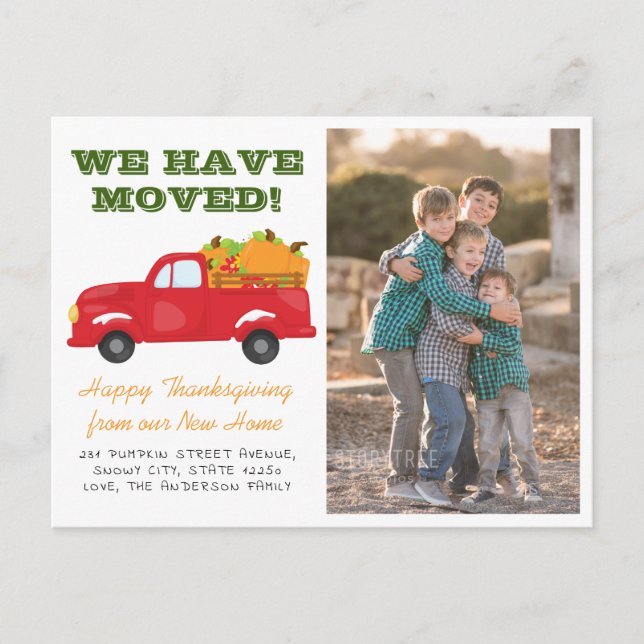 We've Moved Pumpkin Truck Photo Holiday Moving Announcement Postcard (Front)
