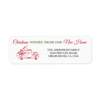 We've moved Red Christmas truck with tree line art Return Address Label