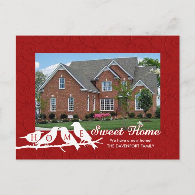 We've Moved - Red Home Sweet Home Birds on a Limb Announcement Postcard (Front)