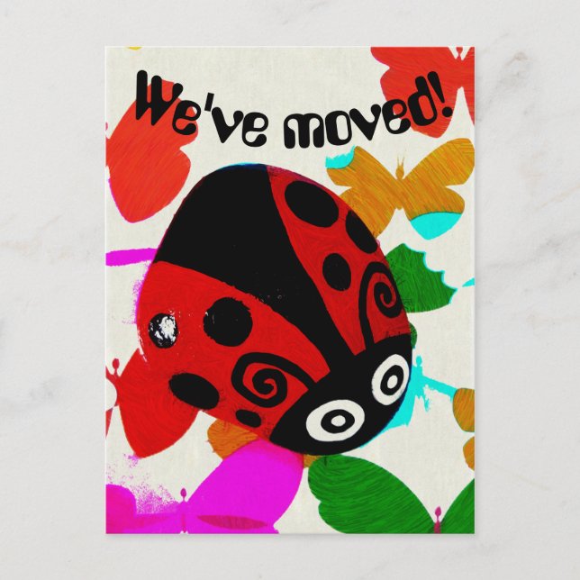 We've Moved, Red Ladybug and Butterflies postcard (Front)