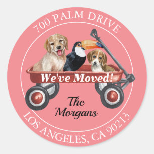 We've Moved, Return Address, Dogs Bird, Red Wagon Classic Round Sticker