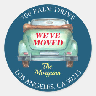 We've Moved, Return Address, Old Car, Ocean Blue Classic Round Sticker