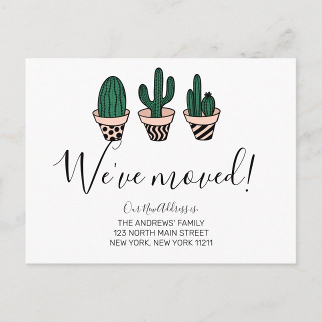 We've Moved Simple Cute Green Pink Cactus Moving Announcement Postcard (Front)