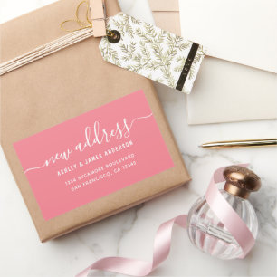 We've Moved Strawberry Pink New Address label