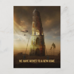 We've moved to a new home   Large Surreal Tower Announcement Postcard