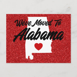 We've Moved to Alabama Red Glitter Postcard