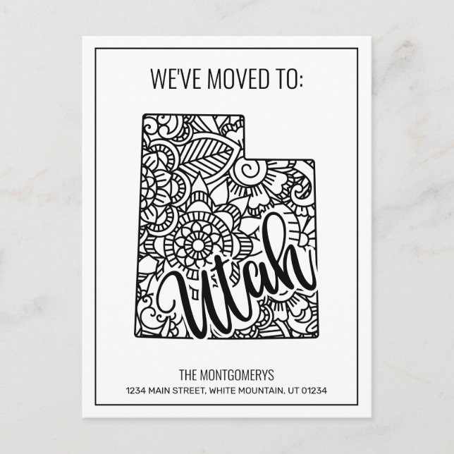 We've Moved To Utah State Floral Mandala Announcement Postcard (Front)