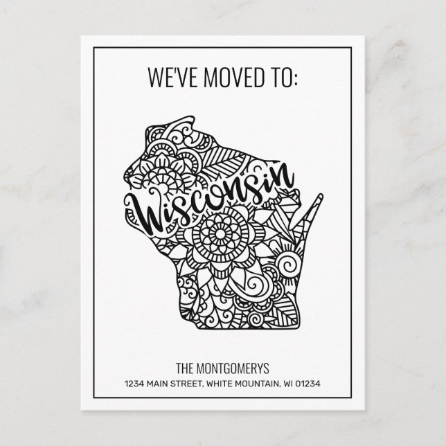We've Moved To Wisconsin State Floral Mandala Announcement Postcard (Front)