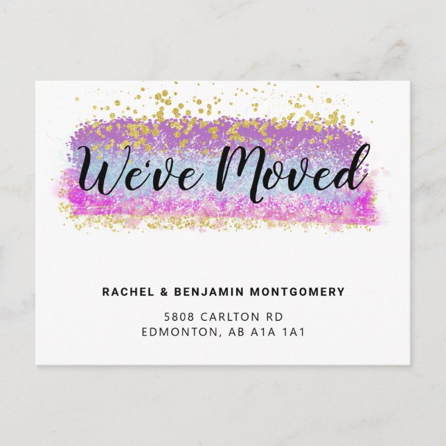 We've Moved Watercolor Abstract Brush Lettering Postcard (Front)