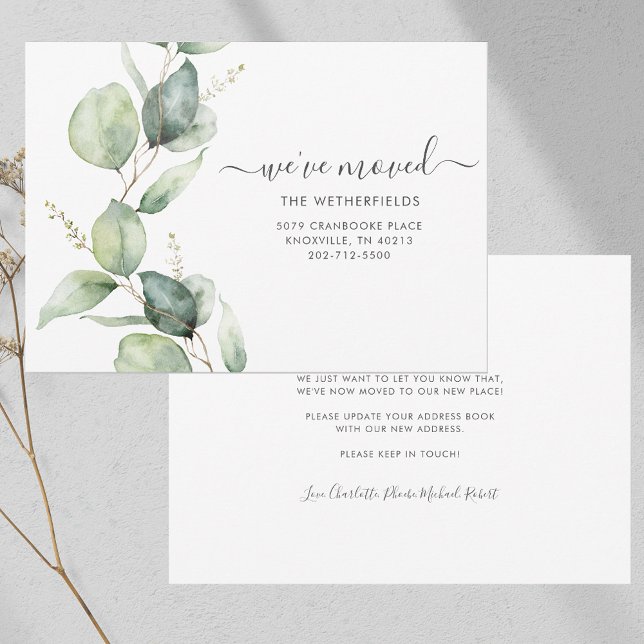 We've Moved Watercolor Botanical Moving Announcement (Watercolor Eucalyptus Script Moving Announcement)