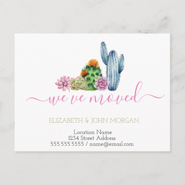 We've moved Watercolor Cactus Announcement Postcard (Front)