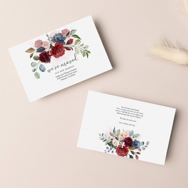 We've Moved Watercolor Floral Moving Card (We've Moved Burgundy Floral Moving Announcement)