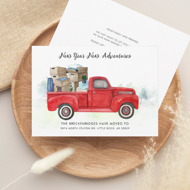We've Moved Watercolor Holiday Moving Address Announcement (New Year Adventures Red Truck Moving Announcement Card)