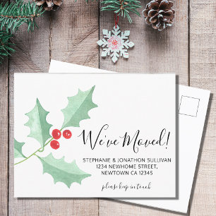 We've Moved Watercolor Holly Announcement Postcard