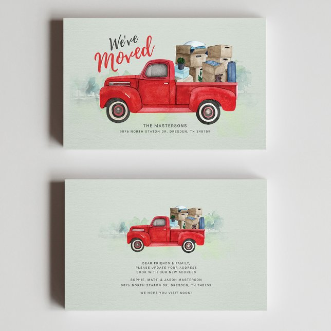 We've Moved Watercolor Moving Announcement (Watercolor Red Truck Moving Announcement Mini Card)