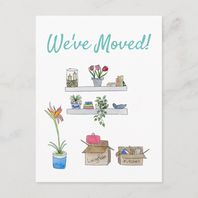 We've Moved Watercolor Moving Boxes & Living Room Announcement Postcard (Front)