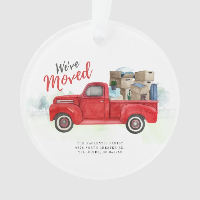We've Moved Watercolor Red Truck Moving Holiday Ornament (Front)