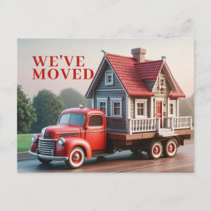 WE'VE MOVED Whimsical Cottage & Red Truck  Invitation Postcard