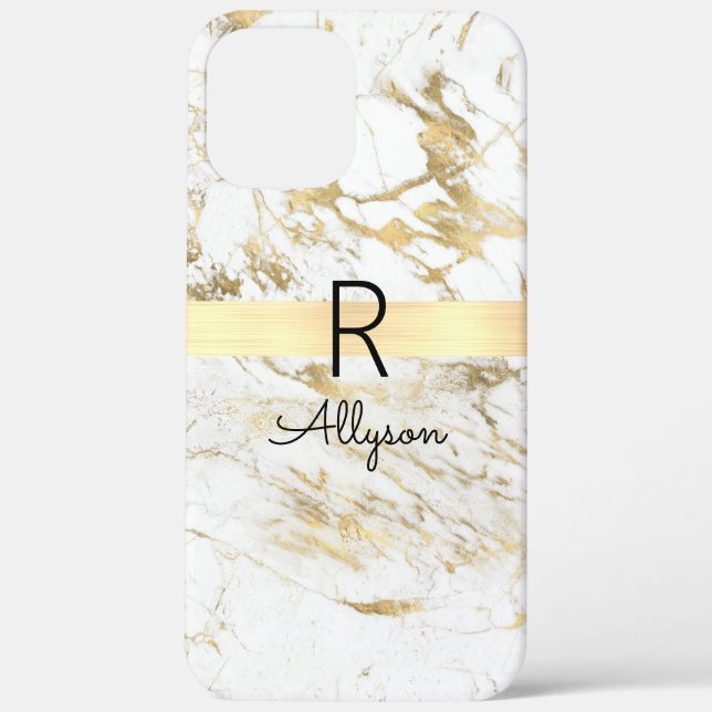 Wh & Gold Marble Gold Bar, DIY Black Name Monogram Case-Mate iPhone Case (Back)