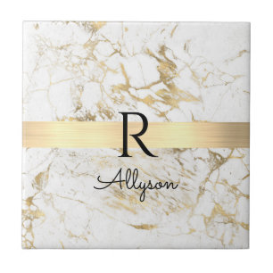 Wh & Gold Marble Gold Bar, DIY Black Name Monogram Ceramic Tile