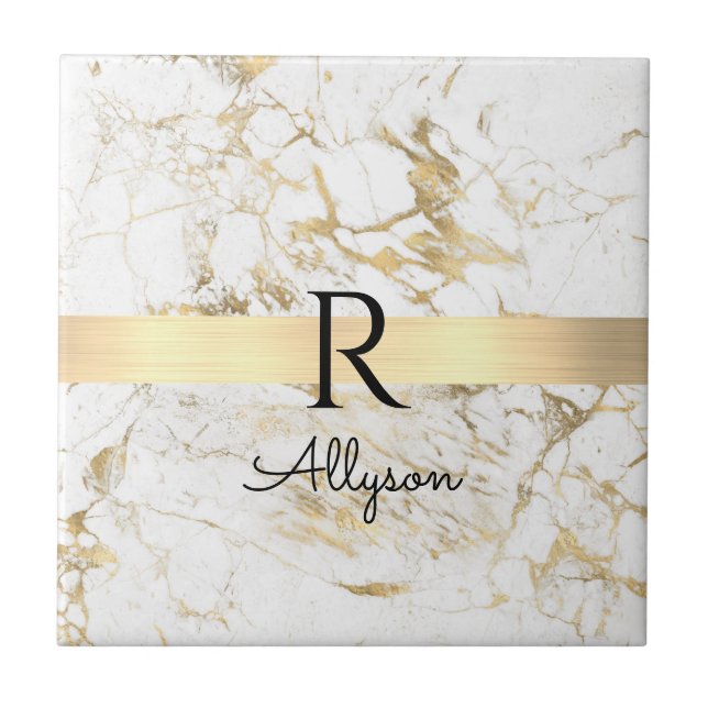 Wh & Gold Marble Gold Bar, DIY Black Name Monogram Ceramic Tile (Front)