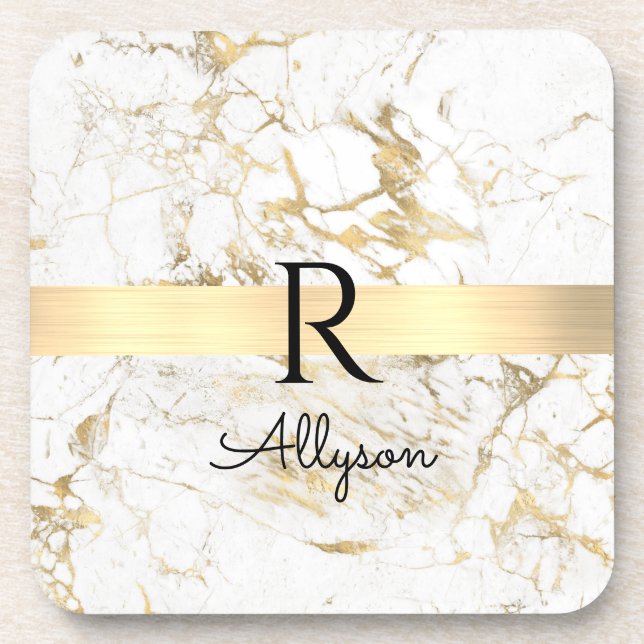 Wh & Gold Marble Gold Bar, DIY Black Name Monogram Coaster (Front)