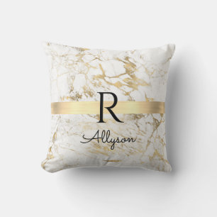 Wh & Gold Marble Gold Bar, DIY Black Name Monogram Cushion
