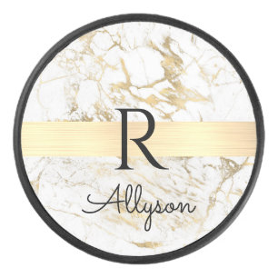 Wh & Gold Marble Gold Bar, DIY Black Name Monogram Hockey Puck
