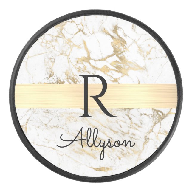 Wh & Gold Marble Gold Bar, DIY Black Name Monogram Hockey Puck (Front)