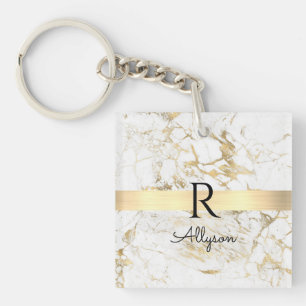 Wh & Gold Marble Gold Bar, DIY Black Name Monogram Key Ring