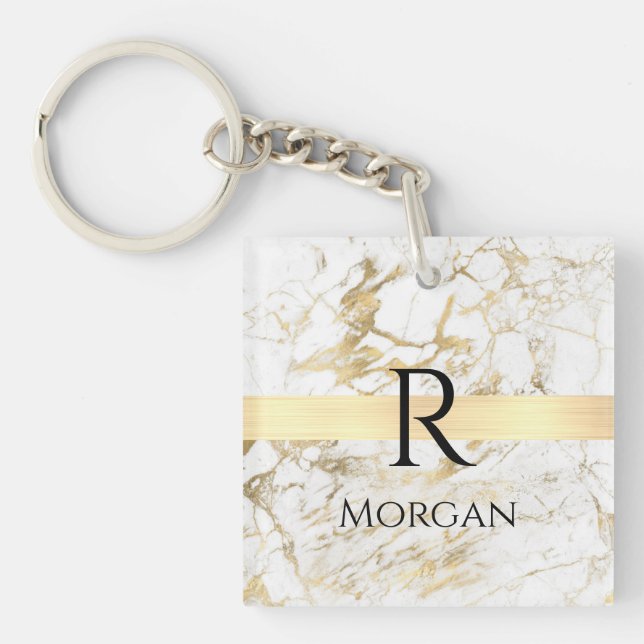 Wh & Gold Marble Gold Bar, DIY Black Name Monogram Key Ring (Front)