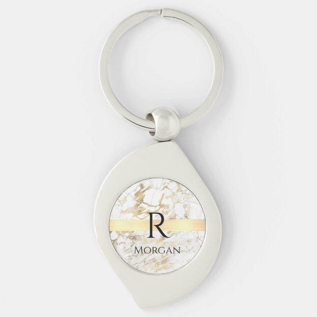 Wh & Gold Marble Gold Bar, DIY Black Name Monogram Key Ring (Front)