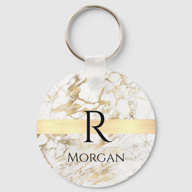 Wh & Gold Marble Gold Bar, DIY Black Name Monogram Key Ring (Front)