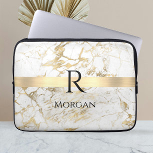 Wh & Gold Marble Gold Bar, DIY Black Name Monogram Laptop Sleeve