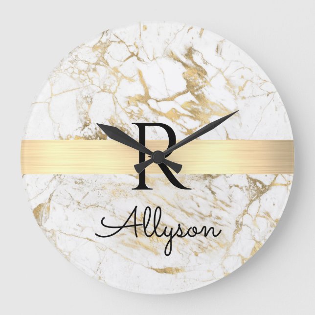 Wh & Gold Marble Gold Bar, DIY Black Name Monogram Large Clock (Front)